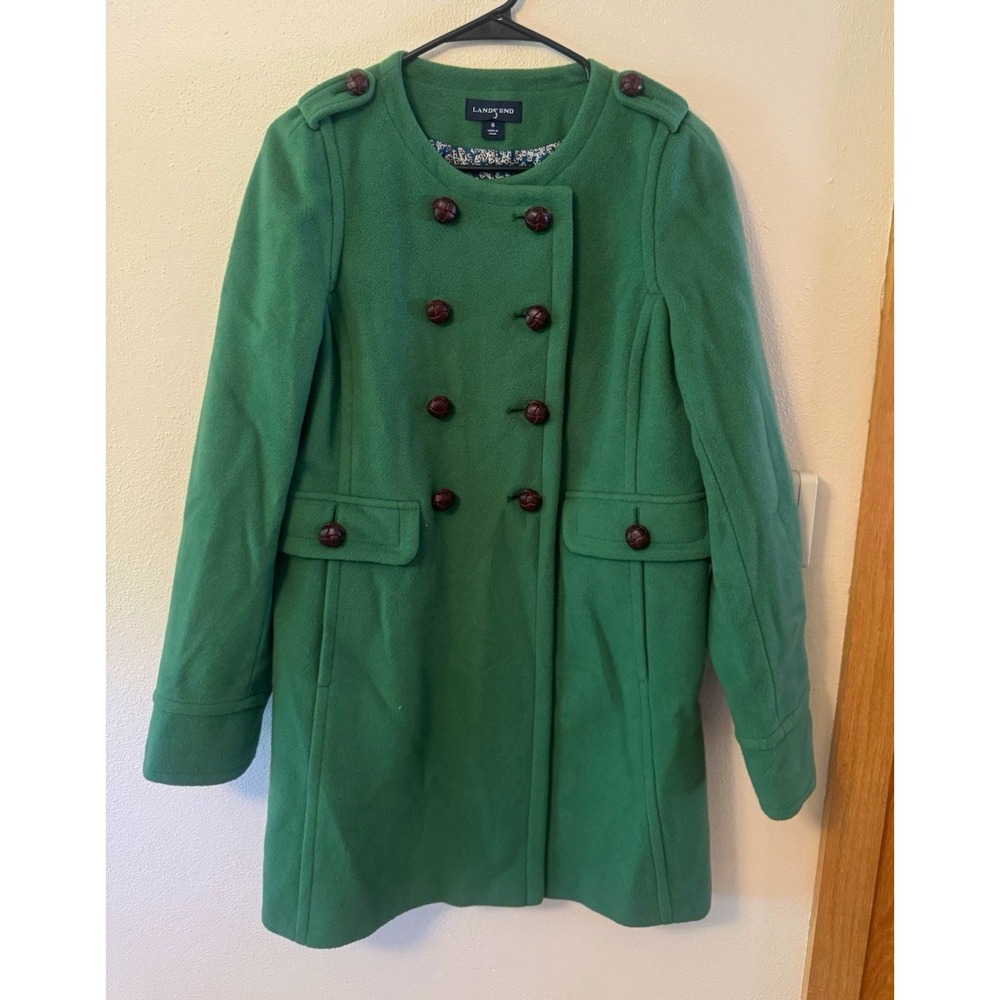 Lands' End Women's Green Pea Coat Button Front Lined w/ Pockets Size 6